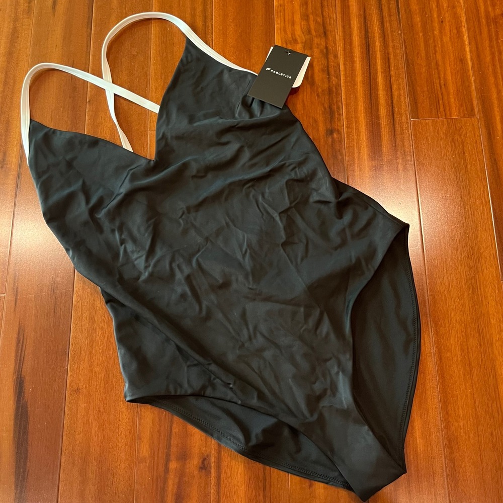 Black One Piece Swimsuit Fabletics‎ Swim White Cross Strap Scoop Back New Large